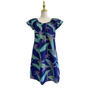 Vintage Hawaiian Blue Silky Tropical Floral Muumuu House Dress Women’s size S